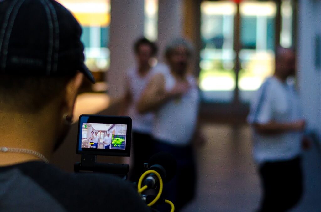 Preparing to shoot the cafeteria entrance scene